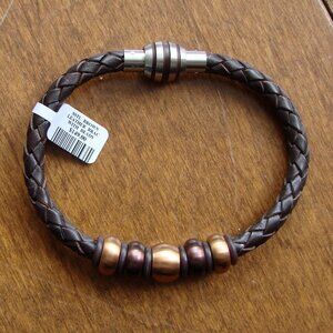 Brown Leather Beaded Bracelet Stainless Steel Mens Unisex BRAND NEW WITH TAG NWT